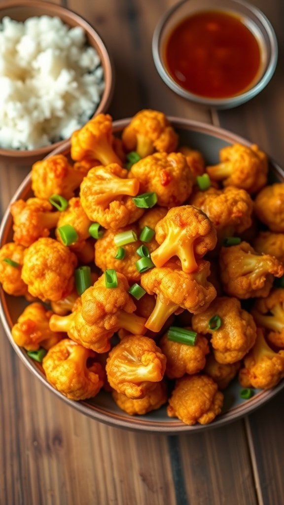 Crispy cauliflower Manchurian garnished with green onions, served with rice and dipping sauce on a rustic table.
